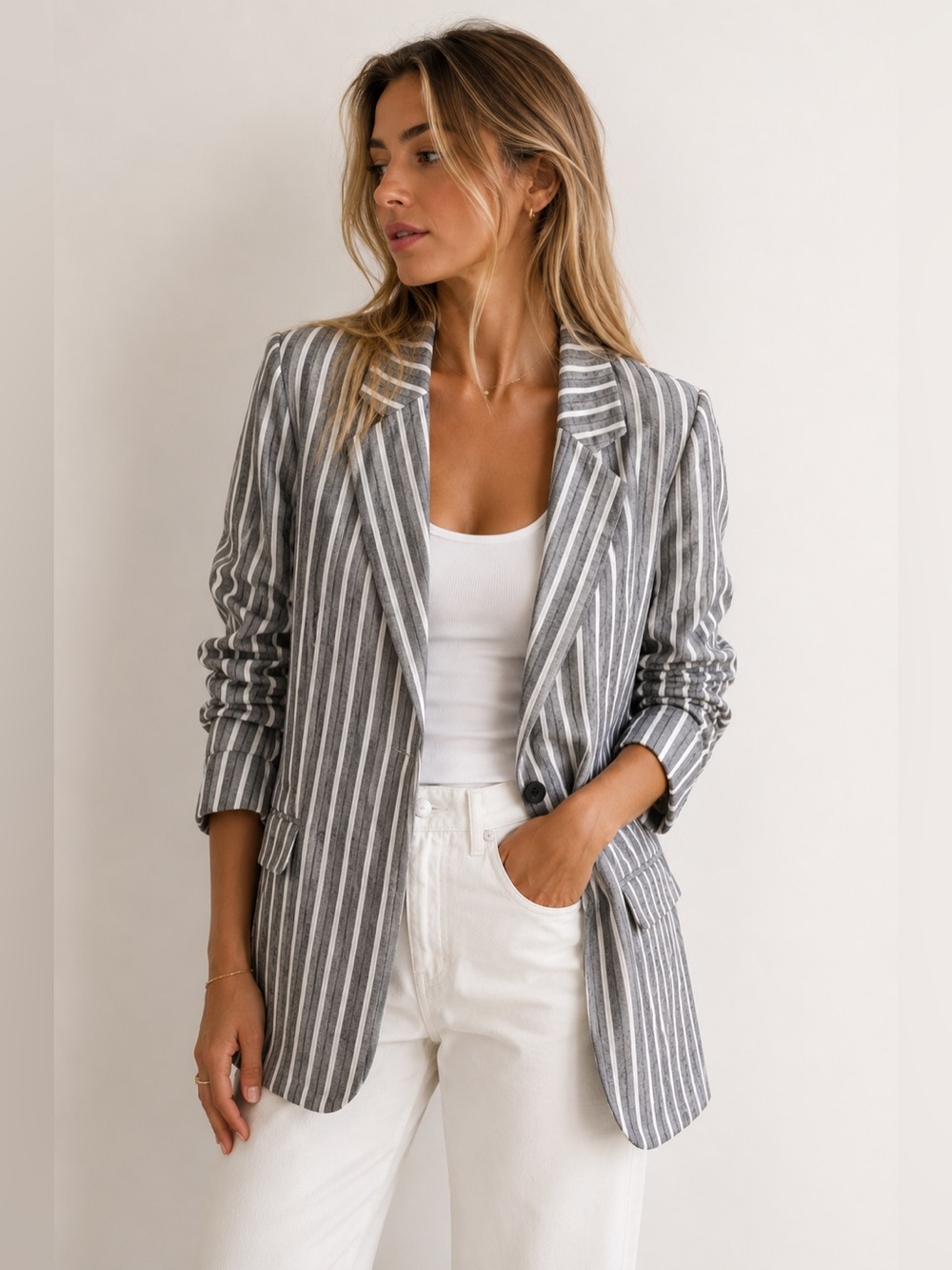 BP Oversized Linen Blend Striped Blazer XXS